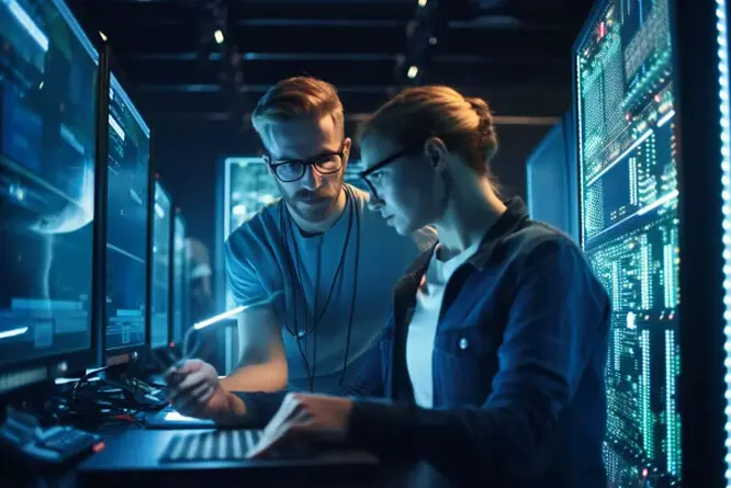 Especialistas de PluginX HUB revisando infraestructura en el centro de datos